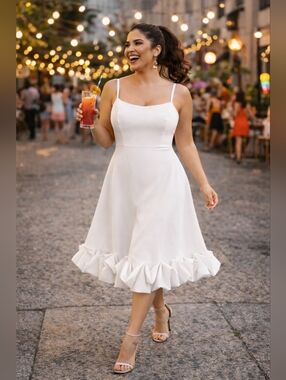 White Ruffle Hem Flounce Midi